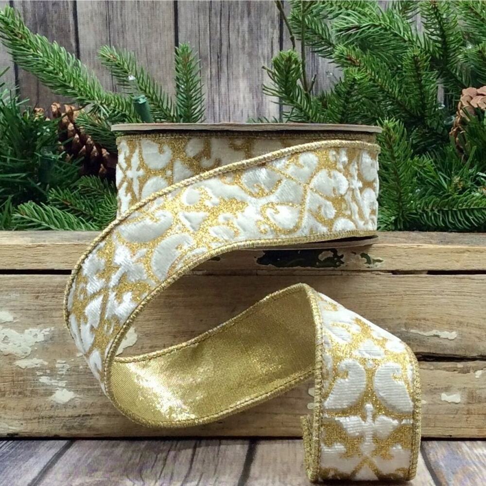 Gold Glittered Treillage Winter White Velvet Wire Edge Ribbon d stevens 1.5 x 10